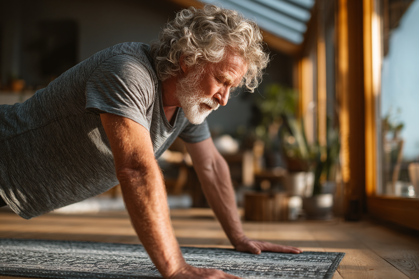 Група людей зрілого віку практикує йогу в парку